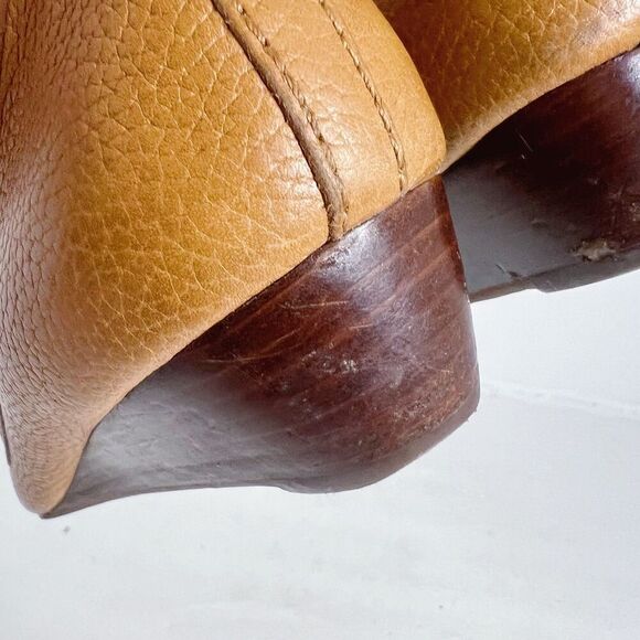 Tory Burch Leticia Peep Toe Wedges Tan Leather Brown Logo Medallion Size 9 - Picture 11 of 11